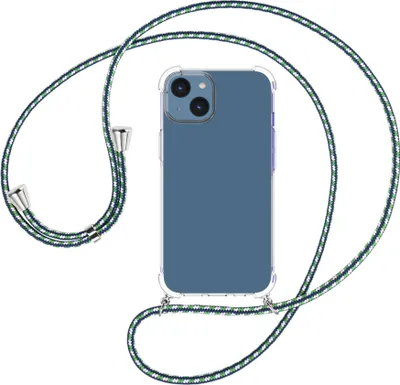 Produktbild von Handykette Backcover-Schutzhülle mit Band (Metall silberfarben) für Apple iPhone 15 - grün/blau/weiß