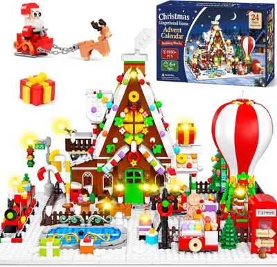 Productafbeelding van Adventskalender 2026 voor kinderen - 24 dagen bouwstenen - Peperkoekhuis - Kerstdorp met boom - Trein - Kerstkalender