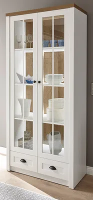 Produktbild von Vitrine "Seyne" in weiß Pinie und Eiche hell Landhaus Vitrinenschrank 90 x 198 cm
