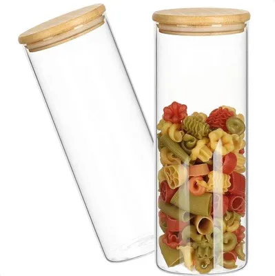 Image de 2 bocaux ronds avec couvercle en bambou, 1,8 l, hermétiques, en verre borosilicaté, lot de 2