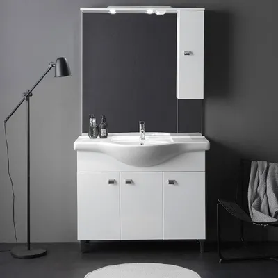Produktbild von Bodenstehender Badezimmerschrank mit Keramik-Waschtisch 105cm weiss hochglanz Smeraldo