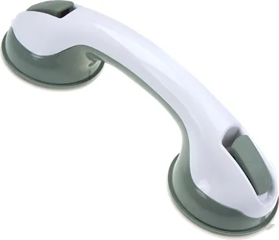 A white and gray shower grab bar with suction cups is shown against a white background.