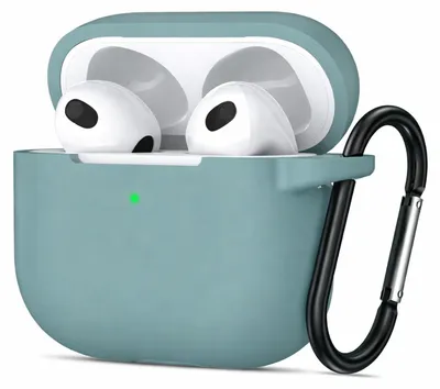 Immagine prodotto di Custodia protettiva in silicone per AirPods 3 con moschettone, custodia morbida al tatto, custodia resistente agli urti, antiscivolo, protezione a 360°,  verde salvia
