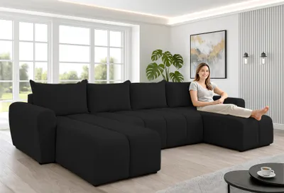 Image de AX LIVING Canapé d'angle grand Ferrande 317 cm - Canapé noir avec fonction sommeil & structure