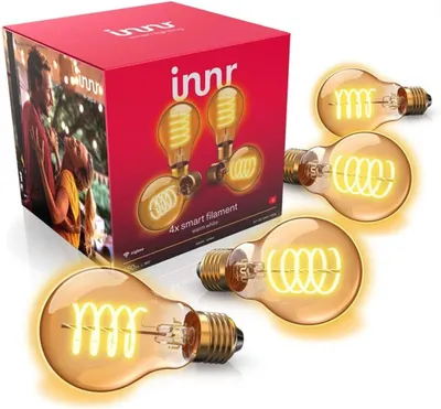 A product box and several smart light bulbs are displayed.
