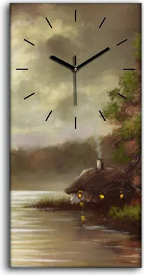 Produktbild von Dekor Leinwand Uhr Wandbilder 30x60 Gemälde See Bäume Hütten Boot Fischer Kunst - schwarze Hände