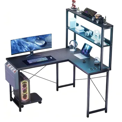 Produktbild von AIORBER L-förmiger Gaming Schreibtisch mit LED Beleuchtung, USB und Steckdose, großes Regal, reversibel, 148 cm, Schwarz