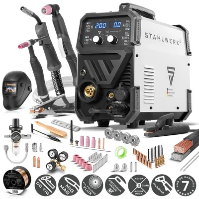 Image de STAHLWERK Poste de soudage sous protection gazeuse 4-en-1 combiné CTM-250 ST - équipement complet - TIG, MIG/MAG, MMA (E-Hand/ARC), FLUX (fil fourré) 200 A, CUT (plasma) 45 A