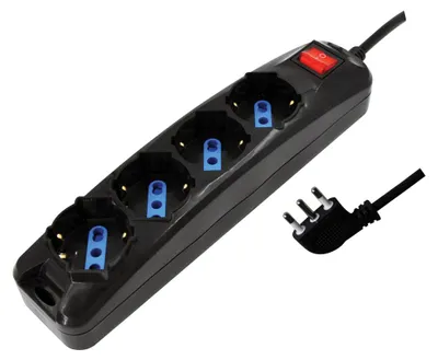 Produktbild von Alcapower Steckdosenleiste, 4 Universal-Steckdosen Schuko Bipasso, 1,5m Kabel, Schalter, 250V 3500W, 16A Stecker 90 Grad, Schwarz