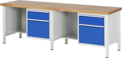 Produktbild von Werkbank mit Ablageboden - 4 Schubladen - Vollauszug - 180:2 / 360:2 - 840 x 2.500 x 700 mm (HxBxT) - Traglast 1.250 kg - Buche