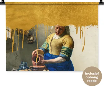 Produktbild von MuchoWow® Wandteppich Wandbehang Vermeer - Gold - Milchmädchen 60x45 cm Tapisserie Dekoration Wandtuch - Das Schlafzimmer