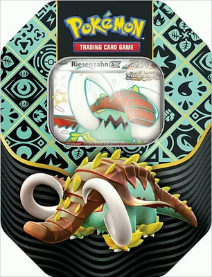 A Pokemon trading card game tin box featuring the Pokemon Riesenzahn-EX. The tin has a decorative pattern and shows an illustration of the Pokemon on the front.