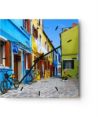 Produktbild von Wanduhr - Quadrat - Glasuhr - Sonne Tag Fahrrad Straße - 40x40cm - Schleichendes Uhrwerk - Lautlos - zum Aufhängen bereit - Dekoration Modern - Wanddekoration aus Glas - C3AC40x40-2614