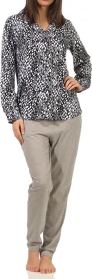 Produktbild von Eleganter Damen Pyjama langarm Schlafanzug zum durchknöpfen in Tupfen Optik ; grau , 48