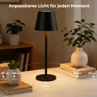 Produktbild von Kabellose Aufladbare Tischlampe Touch Dimmbar – 3 Lichtfarben Höhenverstellbar LED Ambient Tischleuchte Akku 5200mAh