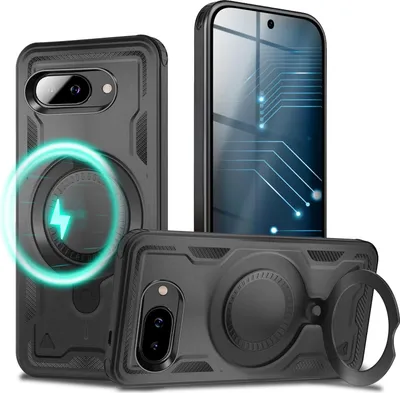 Produktbild von NALIA Magnetische Panzerhülle für Google Pixel 9a – Ring-Halterung 360° & MagSafe – STORMGUARD (Outdoor Case) – Marke aus Berlin – Vulkanschwarz