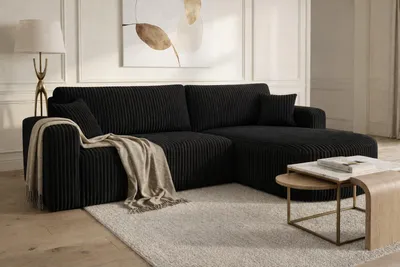 Image de Canapé d'angle avec fonction couchage, velours côtelé Tilia, noir, version droite, ROUND ONE XL