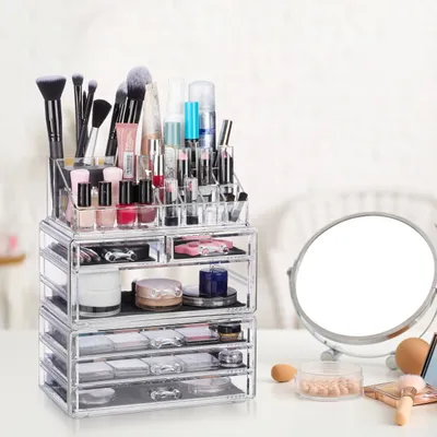 Obrázek produktu pro Relaxdays Kosmetický organizér se 6 zásuvkami, 22 přihrádkami, organizér na make-up, akrylová úložka na kosmetiku, průhledná