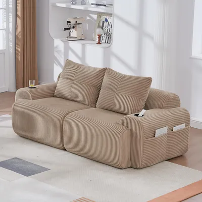 Obrázek produktu pro okwish modulární relaxační pohovka pro dva, chaise longue / lounge sofa s dvoumístnou konstrukcí, rohová pohovka s držákem na nápoje a úložnou kapsou, manšestrová pohovka bez taburetů, khaki