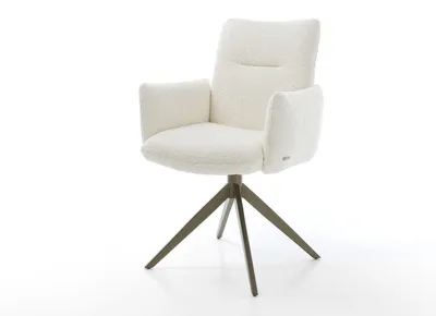 Produktbild von DELIFE Drehstuhl Jova-Flex mit Armlehnen Bouclé Weiß Kreuzgestell breit Effektfinish Titan 360° drehbar Wippfunktion Taschenfederkern