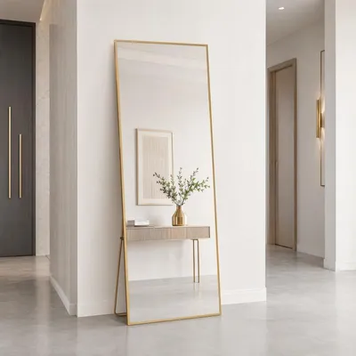 Zdjęcie produktu dla Lustro stojące do ciała, 164x54 cm, złote, z ramą aluminiową. Lustro z bezpiecznego szkła, stojące, idealne jako lustro do ubioru. Możliwość montażu na ścianie