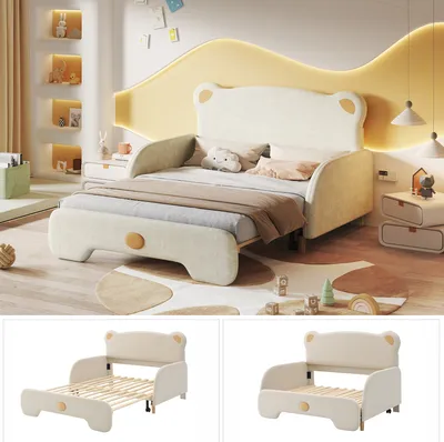 Produktbild von MODFU Kinderbett Polsterbett 140x105 & 140x200 mit Matratze,Schlafsofa Daybett für Teenager mit LED-Lichtleiste,Ausziehbett mit lattenrost,Beige