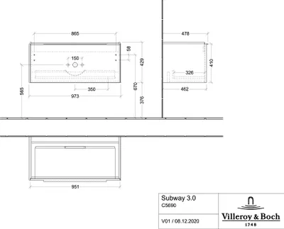 Produktbild von Villeroy & Boch Subway 3.0 Waschbeckenunterschrank, 1 Auszug, 973x429x478mm, C56901RH