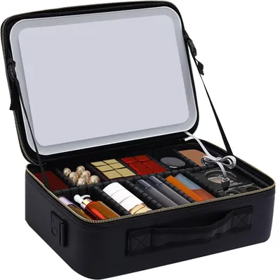 An open black makeup case with various makeup products and a mirror inside.