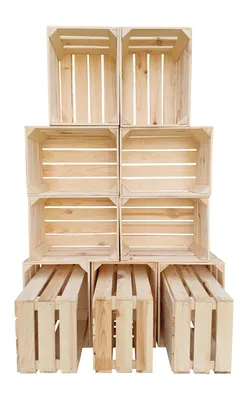 A pyramid arrangement of wooden crates against a white background.