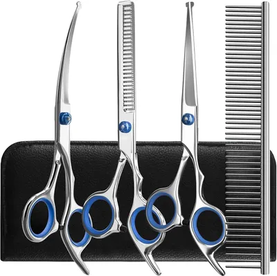 Produktbild von Hundepflege Scheren Set 5-in-1, 4CR Edelstahl, sichere runde Spitzen, für empfindliche Bereiche, für Haustiere