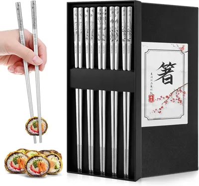 Productafbeelding van Metalen eetstokjes 5 paar, roestvrij staal, antislip, vaatwasmachinebestendig, voor sushi