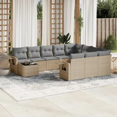Produktbild von Design 11-tlg. Garten-Sofagarnitur mit Kissen Beige Poly Rattan, Gartenmöbel-Sets 2024 Neu