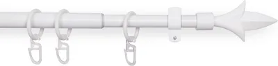 A white curtain rod with rings and a decorative finial.