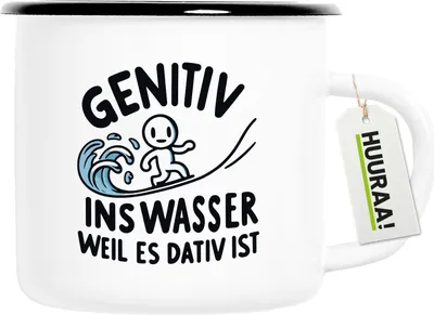 Produktbild von Huuraa Emaille Tasse Genitiv ins Wasser Dativ ist 300ml Vintage Campingbecher Geschenkidee