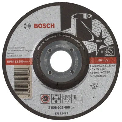 Zdjęcie produktu dla Bosch 2 608 602 488, Płyta szlifierska, Środek z wgłębieniem, Metal, Stal nierdzewna, 12,5 cm, 6 mm, 1 szt.