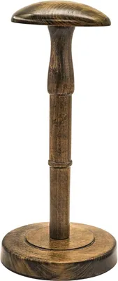 A wooden hat stand with a round base and a mushroom-shaped top, presented against a white background.