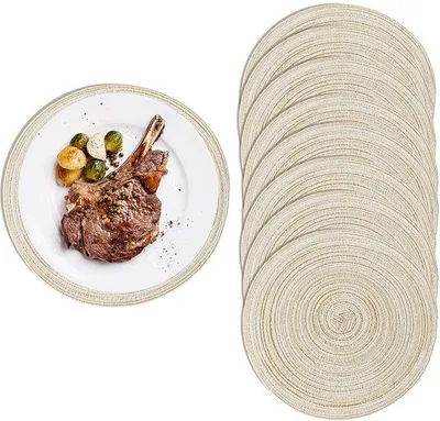 Immagine prodotto di Set di 8 tovagliette rotonde Unyqoos®, diametro 38 cm, color beige – realizzate in poliestere/cotone, resistenti al calore e ai graffi, con superficie antiscivolo