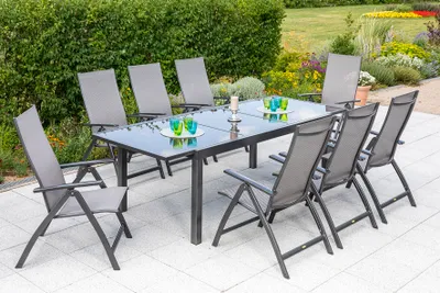 Obrázek produktu pro Zahradní nábytek Merxx "Vicenza" 9ks s rozkládacím stolem 180/240 x 100 cm - hliníkový rám grafitový s textilním potahem diamantově hnědý