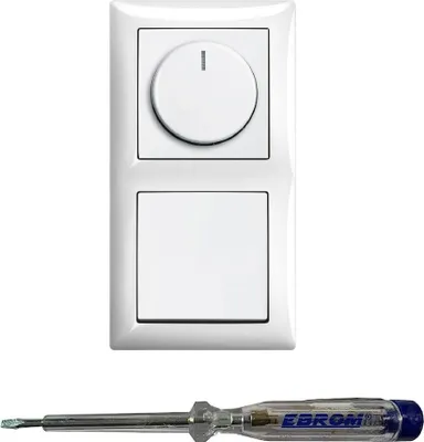 Produktbild von Busch Jäger 6523U-102 LED Drehdimmer Dimmer + Dimmerscheibe 2115-914 und Lichttaster 2020 US in Balance Si alpinweiß glänzend inklusive EBROM Phasenprüfer zur Montage der Geräte (6523 U – 102)