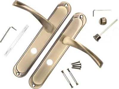 A set of door handles and installation hardware, laid out on a white background.