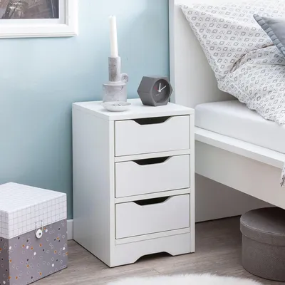Obrázek produktu pro Noční stolek FineBuy, bílý, 31 x 49 x 31 cm, matný, se 3 zásuvkami, noční komoda s úložným prostorem, noční stolek, jednoduchý, moderní, malý noční stolek, noční komoda
