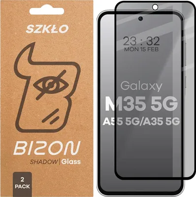 The image shows a product packaging on the left and a smartphone screen protector on the right, with the product name and model visible.