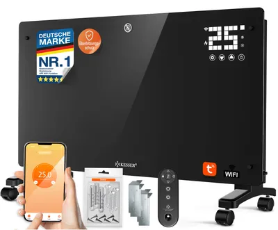 Zdjęcie produktu dla KESSER® Konwektor szklany, ogrzewacz elektryczny ze szkła, sterowanie przez aplikację WiFi. W zestawie pilot. Ogrzewacz elektryczny, do ustawienia na podłodze lub montażu na ścianie. Grzejnik. Wyposażenie: ekran dotykowy, wyświetlacz LCD, timer. Moc: 2500 Watt