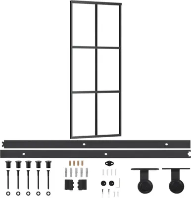 A collection of parts for a sliding door, including the door panel itself and hardware.