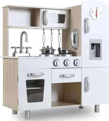 Obrázok produktu pre Drevená detská kuchynka - Hracia kuchynská súprava - So svetlom a zvukom - Sporák Mikrovlnná rúra Kávovar - 81 x 74 x 30 cm - Od 3 rokov - Biela