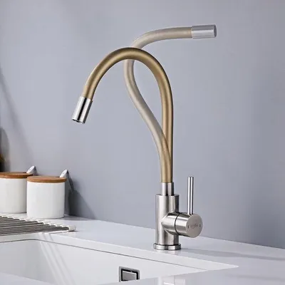 Immagine prodotto di Rubinetto da cucina flessibile in acciaio inossidabile dorato, orientabile a 360°, con dispositivo di risparmio idrico