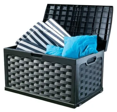 Immagine prodotto di Cassapanca baule da esterno in resina con seduta Rattan Antracite con rotelle
