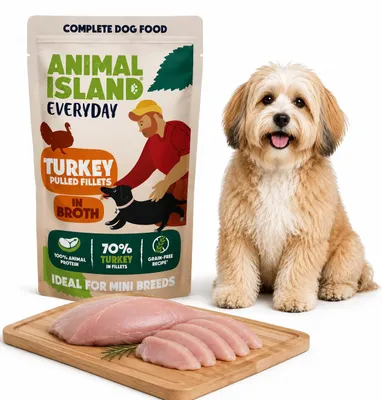 Productafbeelding van ANIMAL ISLAND kalkoenfilet in bouillon voor honden, 150g, AI-gegenereerde afbeelding