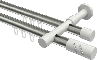 Produktbild von Interdeco Innenlaufstange / Gardinenstange mit Innenlauf Edelstahl-Optik / Weiß, Typ Prestige Zoena (Glitzerzylinder), 20 mm Ø 2-läufig, 140 cm