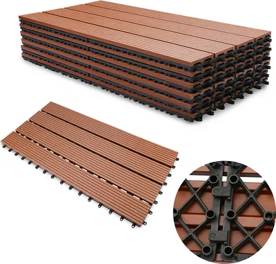 Immagine prodotto di Jiubiaz WPC piastrelle patio 6 pezzi = 1m² tavole per decking aspetto legno 60x30cm, piastrella pavimento piastrella click piastrella marrone